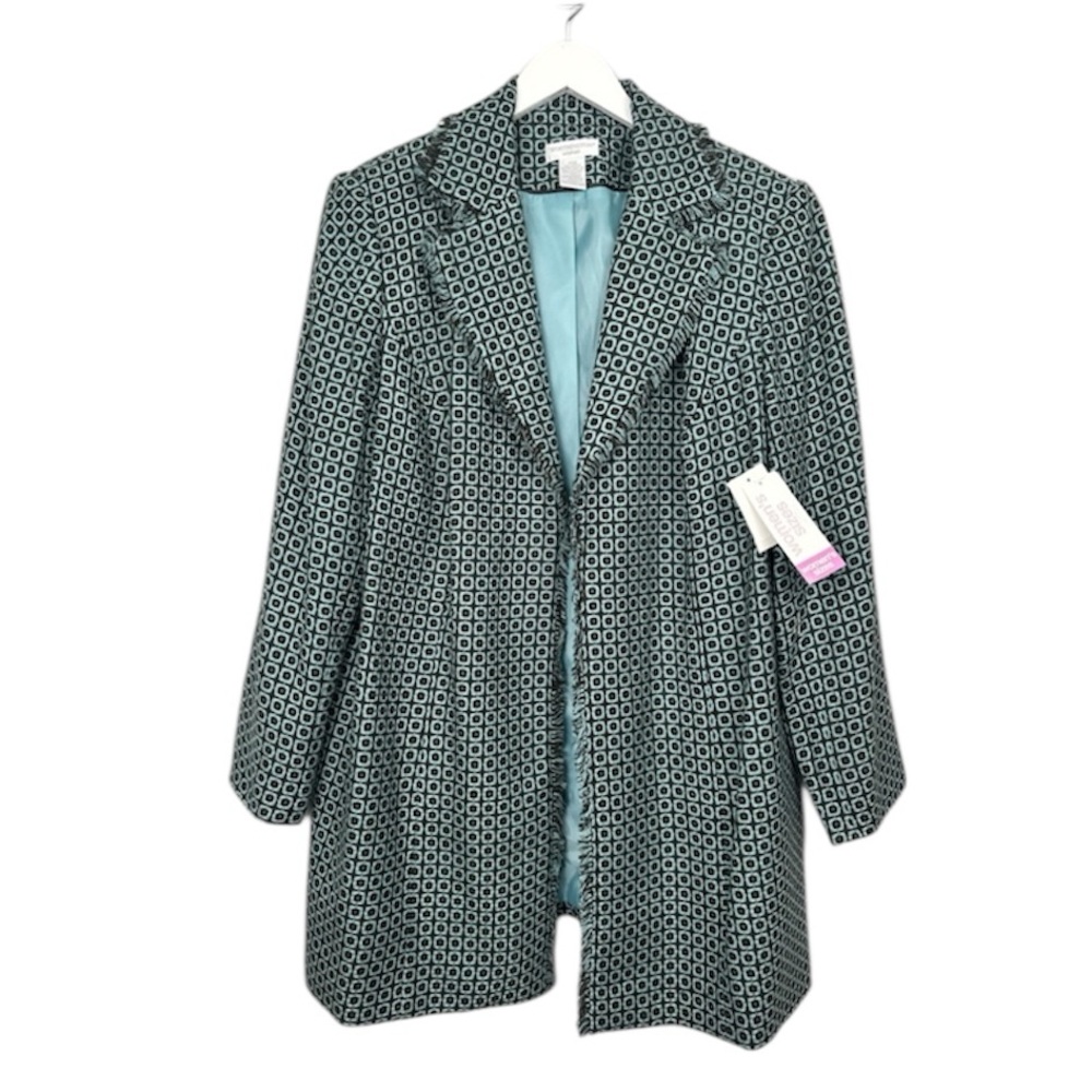 Worthington Geometric Open Front Fringe Trim Mid Length Blazer Cardigan NEW NWT